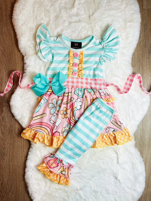 Bowtism Groovy School Girl Capri  Set with Matching Bow - Bowtism